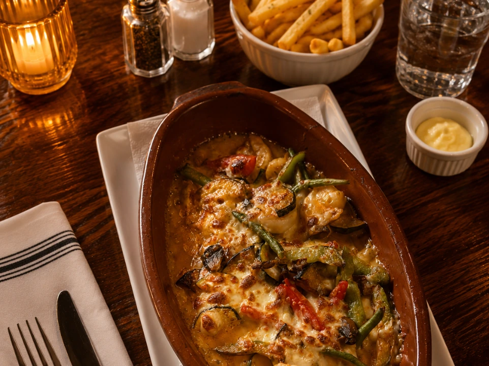 Gratin maison servi avec des frites